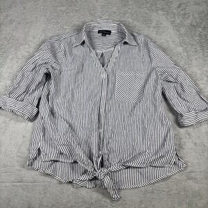 Fortune & Ivy Button Down Tie Front Blouse Blue/White Striped Size Small